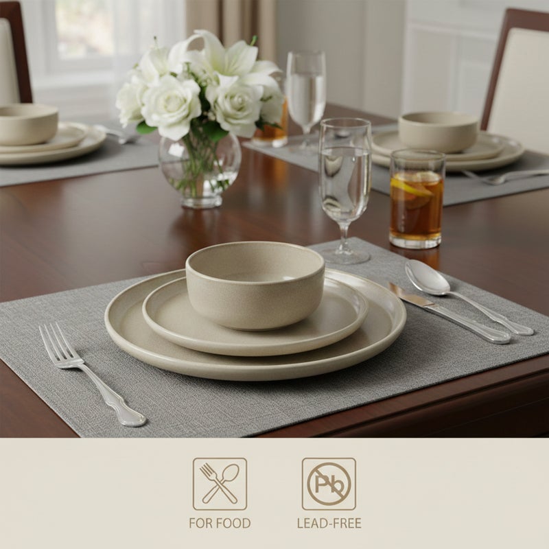 Shallow طقم عشاء شالو ستون وير ركس 18 قطعة، بيج | طقم أدوات مائدة يخدم 6 أشخاص | 6 أطباق عشاء 6 أطباق جانبية 6 سلطانيات خفيفة الوزن قابلة للتكديس لطقم أطباق وسلطانيات للوجبات العائلية في المنزل - Image 2