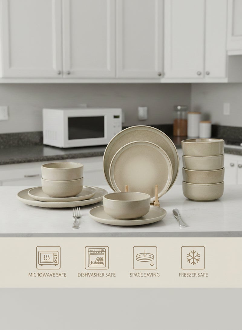 Shallow Stoneware REX 18PCS Dinner Set, Beige | Dinnerware Set Serves 6 People | 6 Dinner Plates 6 Side Plates 6 Bowls Lightweight Stackable Plate & Bowl Set for Home Family Meals - Image 3