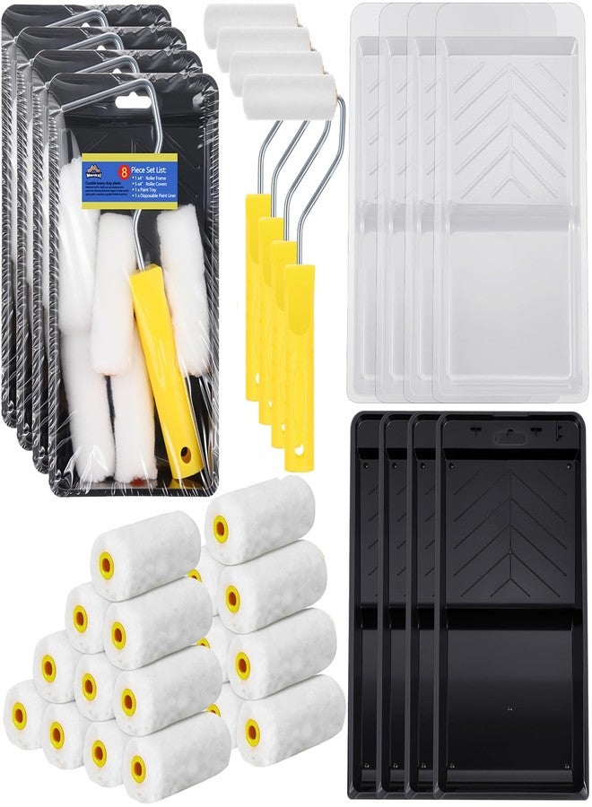 Menkxi 32 Pieces 4 Inch Paint Roller Kit Including 4 Inch Small Foam Roller Covers Frame Tray and Liner for Home DIY Crafts Holiday Party - Image 1