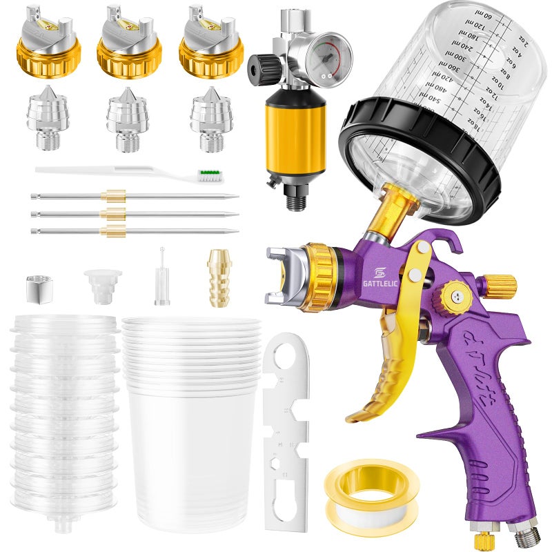 GATTLELIC HVLP Air Spray Gun with 1.4/1.7/2mm Nozzles & Air Compressor Regulator, Air Spray Paint Gun w/10pcs 600cc Mixing Cup and Lids, Automotive Paint Sprayer for Car, House Painting, Furniture (Purple) - Image 1