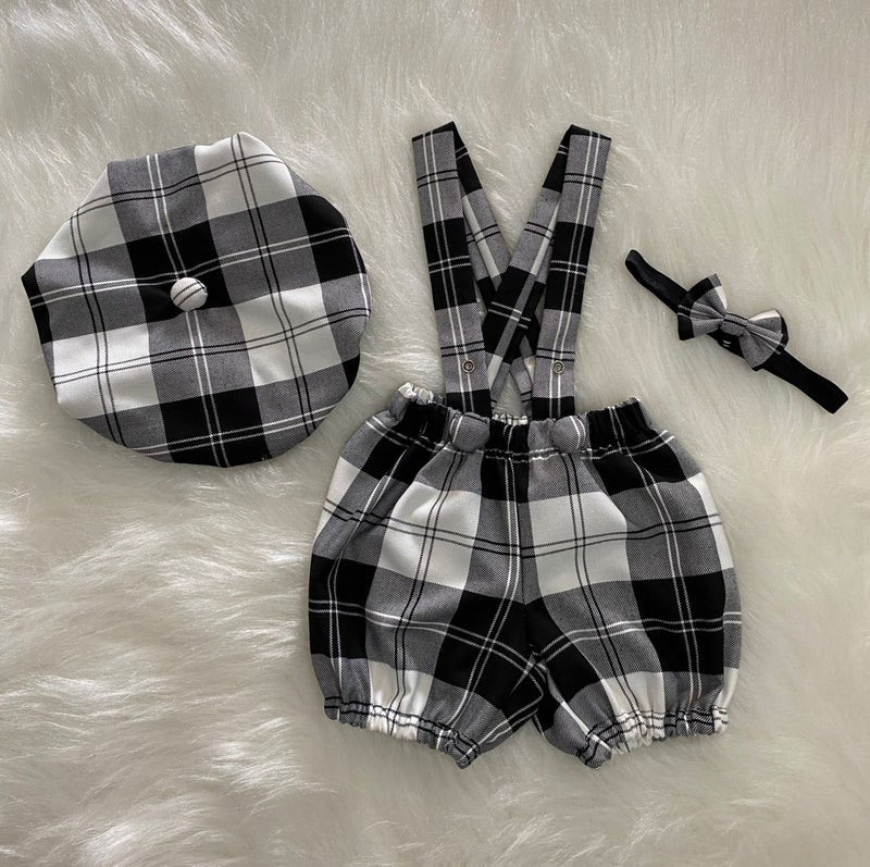 Eylülce Butik Eylülce Boutique Plaid Children's Suspender Shorts, Painter's Hat & Bow Tie Set - Cake Pop Costume  - Image 1