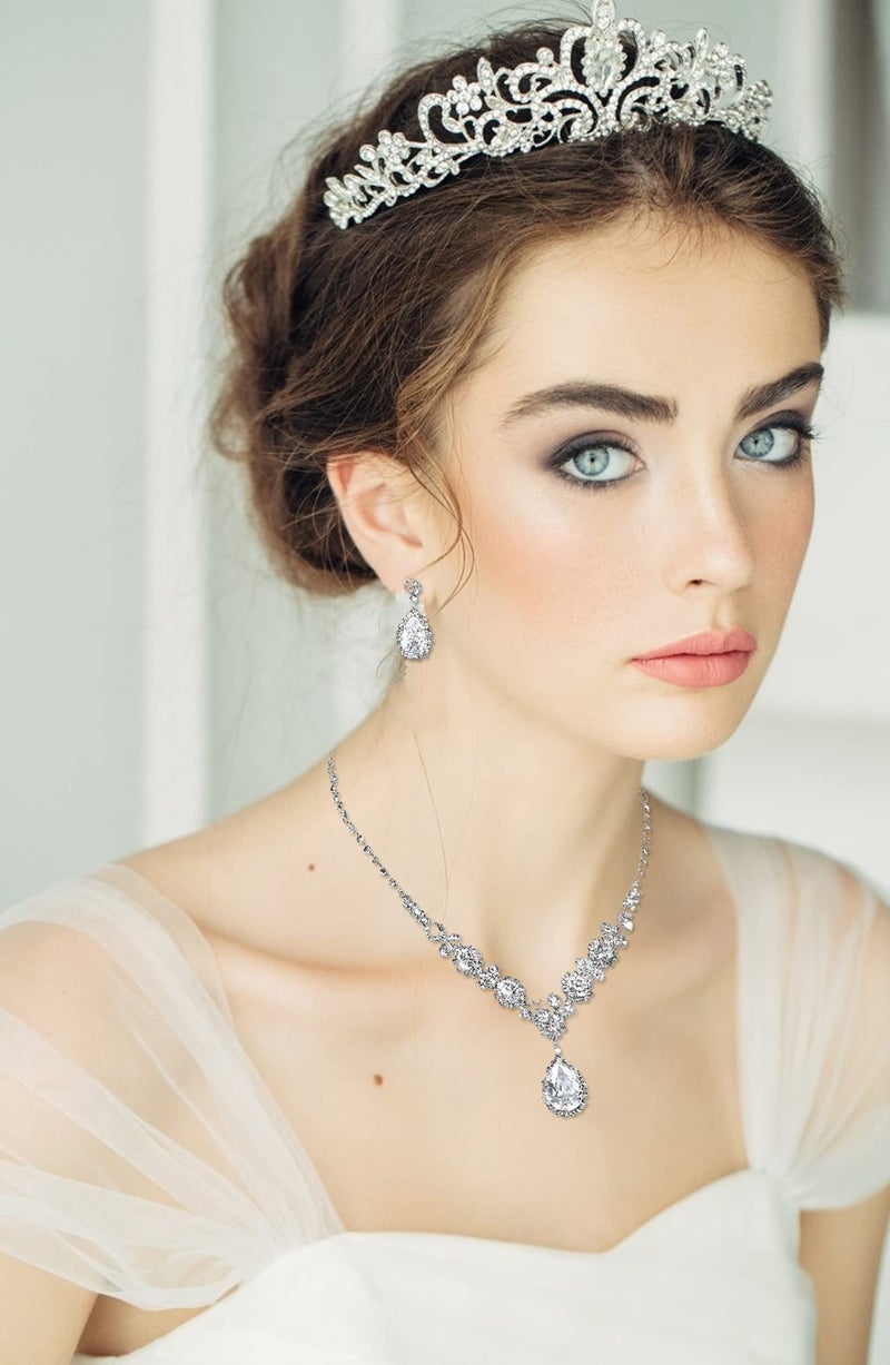 COCIDE Silver Jewelry Set for Women Crystal Tiara and Necklace Kit for Girls Rhinestone Crown Earrings Neck Accessories for Bride Wedding Birthday Party Bridal Prom Bridesmaid Dress up - Image 3