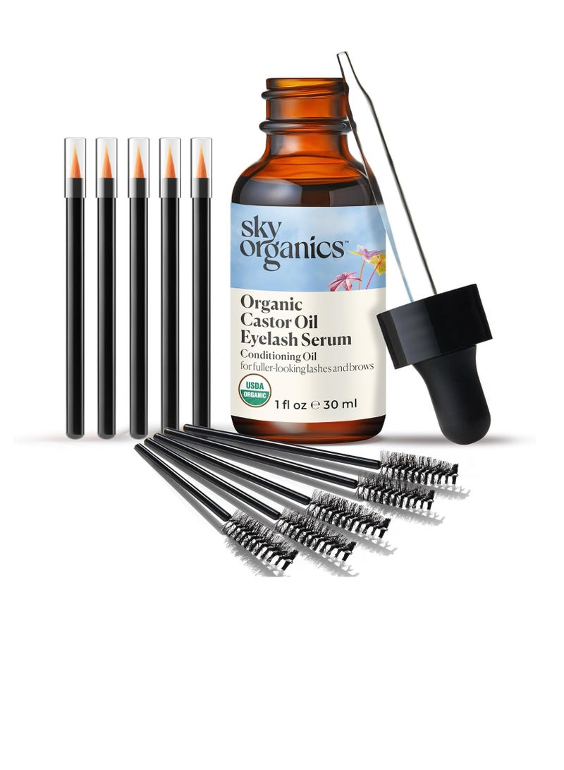 Sky Organics Organic Castor Oil Eyelash Serum (30ml) 100% Pure Cold Pressed Pure Castor Oil – Dry Skin Hair Growth Eyelashes & Eyebrows growth – Caster Oil Lash Enhancer with Mascara Brushes - Image 2