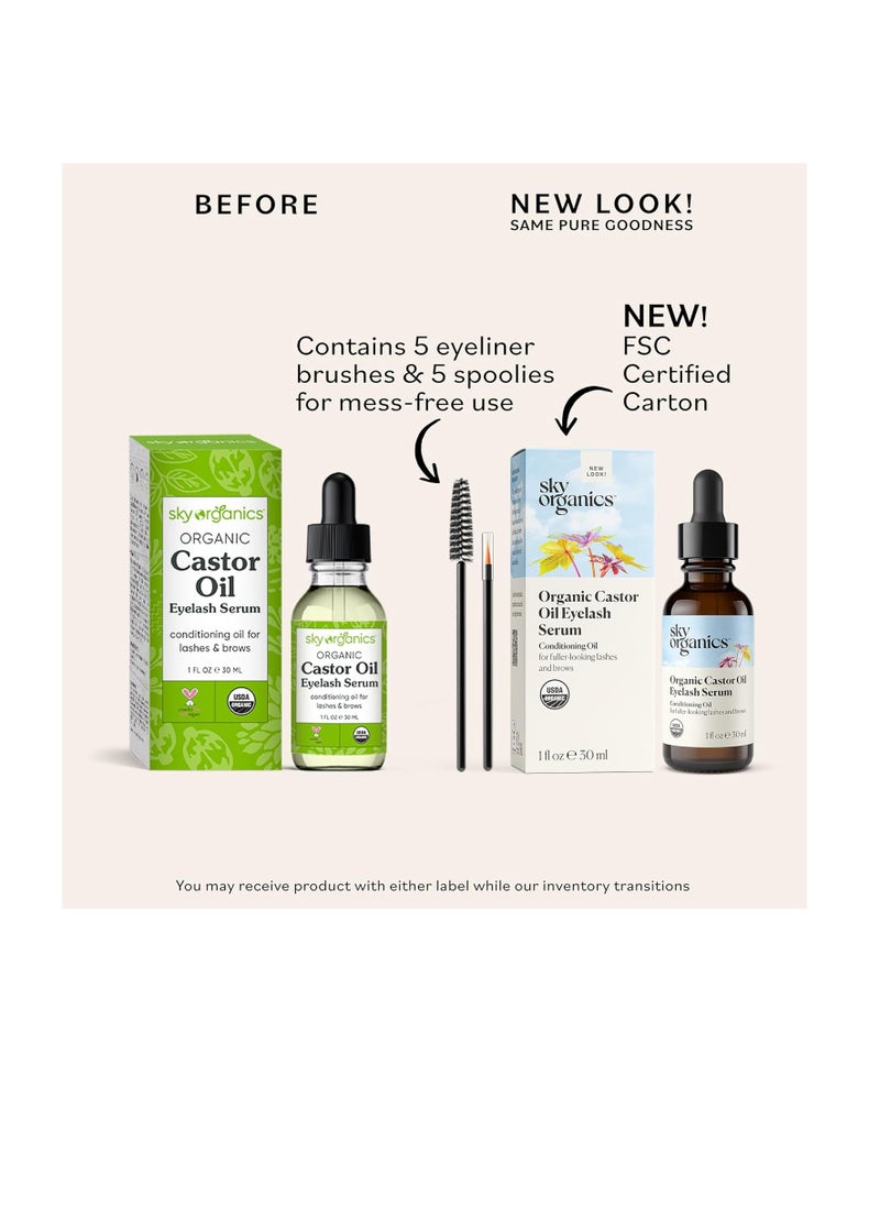 Sky Organics - Organic Castor Oil Eyelash Serum (30ml) 100% Pure Cold Pressed Pure Castor Oil – Dry Skin Hair Growth Eyelashes & Eyebrows growth – Caster Oil Lash Enhancer with Mascara Brushes - Image 1