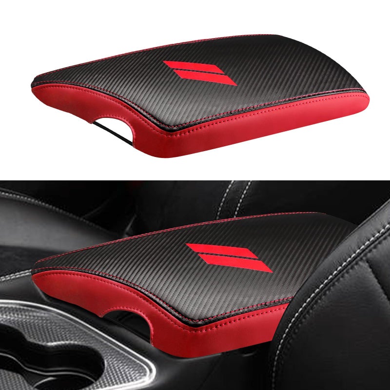 INTGET Car Center Console Cover for 2023 2022 Dodge Challenger Accessories 2021 2020 2019 2018 2017 2016 2015 Armrest Cover Interior Lid Protector Carbon Fiber with Red PU leather