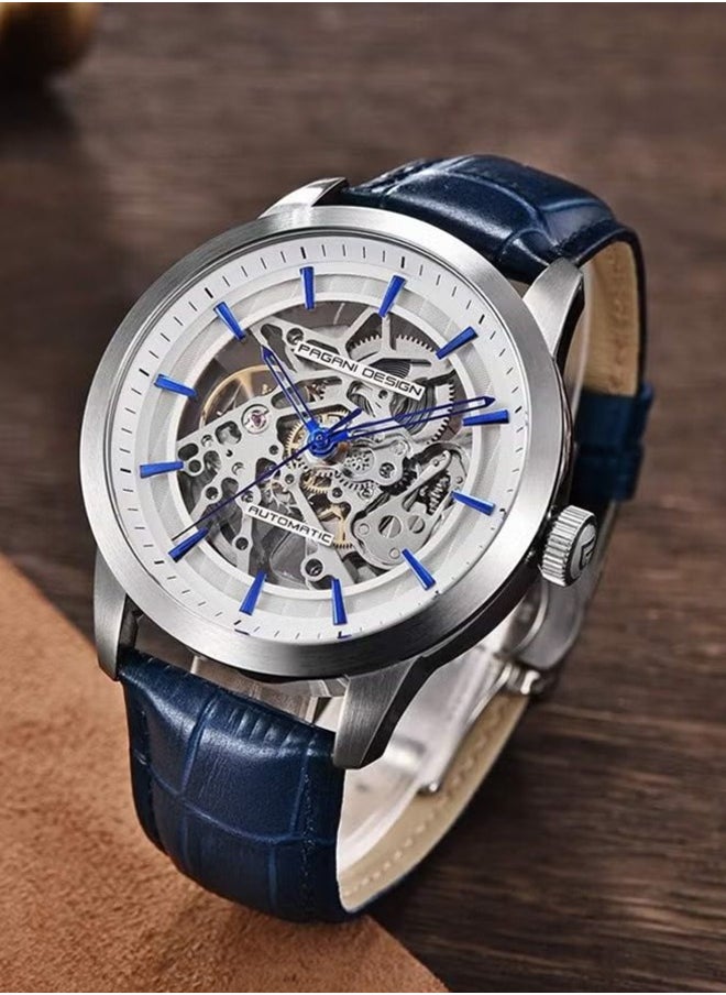PAGANI DESIGN Men's automatic leather strap watch, waterproof watch, fashion watch, PD-1638 Silver Blue  - Image 2