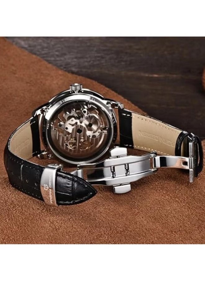 PAGANI DESIGN Men's automatic leather strap watch, waterproof watch, fashion watch, PD-1638 Silver Blue  - Image 4