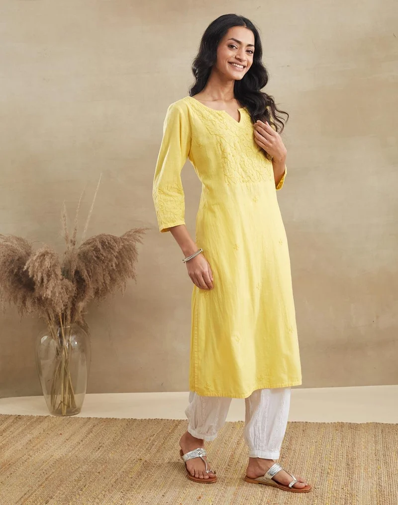 Fabindia  Mustard Cotton Chikankari Long Kurta for Women | Best Price UAE