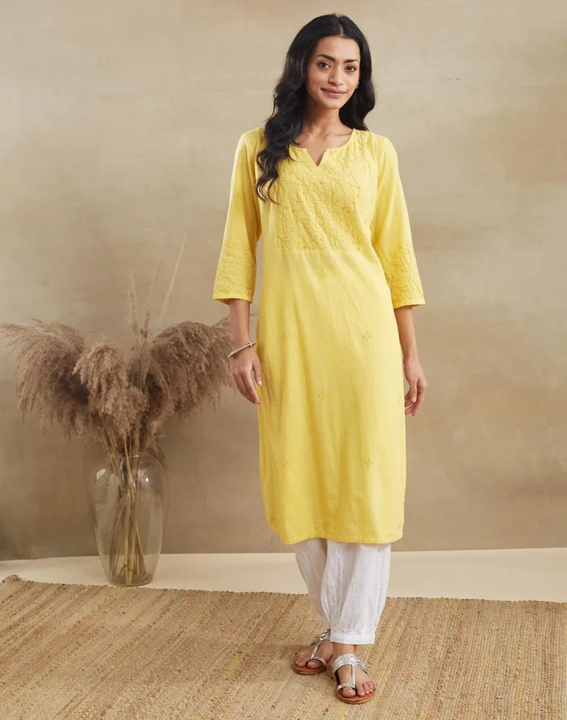 فاب انديا Mustard Cotton Chikankari Long Kurta