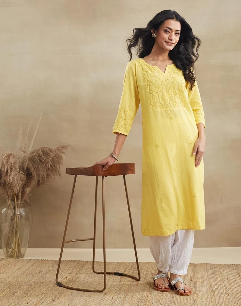 فاب انديا Mustard Cotton Chikankari Long Kurta