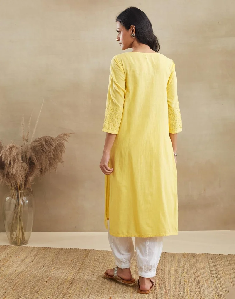 Fabindia  Mustard Cotton Chikankari Long Kurta for Women | Best Price UAE