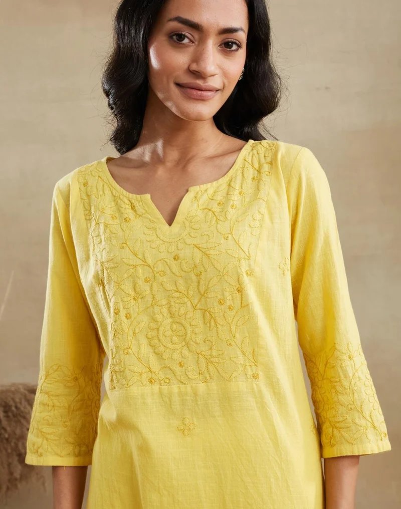 Fabindia  Mustard Cotton Chikankari Long Kurta for Women | Best Price UAE