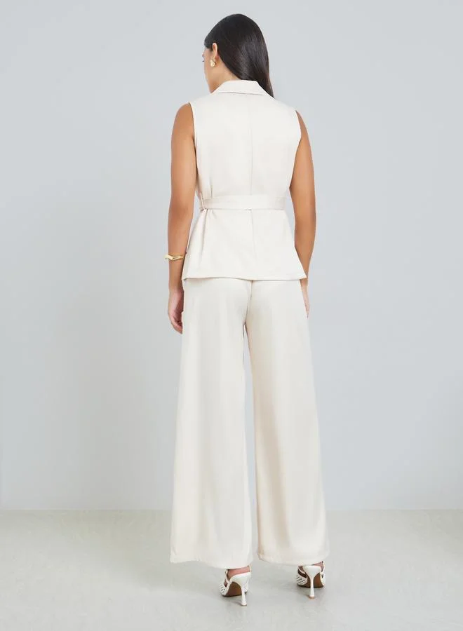 Styli  Off-White Waist-Tie Blazer Vest and Wide Leg Pant Co-Ords for Women | Best Price UAE