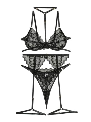Lilosy Sexy Choker Floral Lace Scallop Sheer Underwire Push Up Garter Belt Lingerie Set 3 Piece for Women See Through Bachelorette Bra and Panty Black Medium - Image 3
