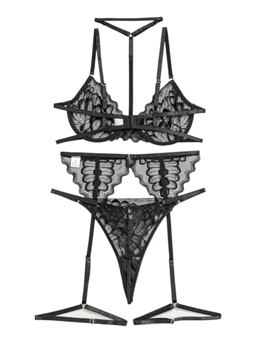 Lilosy Sexy Choker Floral Lace Scallop Sheer Underwire Push Up Garter Belt Lingerie Set 3 Piece for Women See Through Bachelorette Bra and Panty Black Medium - Image 4