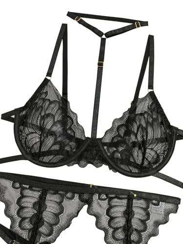 Lilosy Sexy Choker Floral Lace Scallop Sheer Underwire Push Up Garter Belt Lingerie Set 3 Piece for Women See Through Bachelorette Bra and Panty Black Medium - Image 5