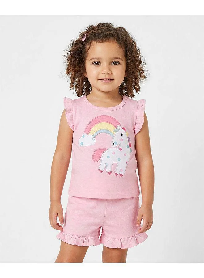 Bonfino Bonfino 100% Cotton Unicorn Printed Flutter Sleeves T-shirt &  Short Set - Pink
