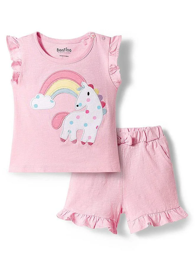 Bonfino Bonfino 100% Cotton Unicorn Printed Flutter Sleeves T-shirt &  Short Set - Pink