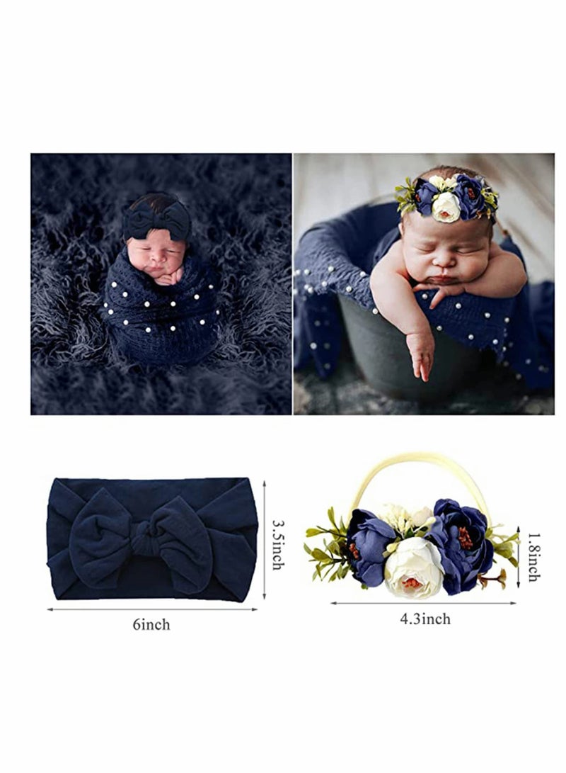 KASTWAVE Newborn Photography Props Outfits, 4 Pcs Baby Long Ripple Wrap and Toddler Swaddle Blankets Photography Mat, with Cute Headbands for Infant Boys Girls, Photo Studio Photo Props (Dark Blue) - Image 2