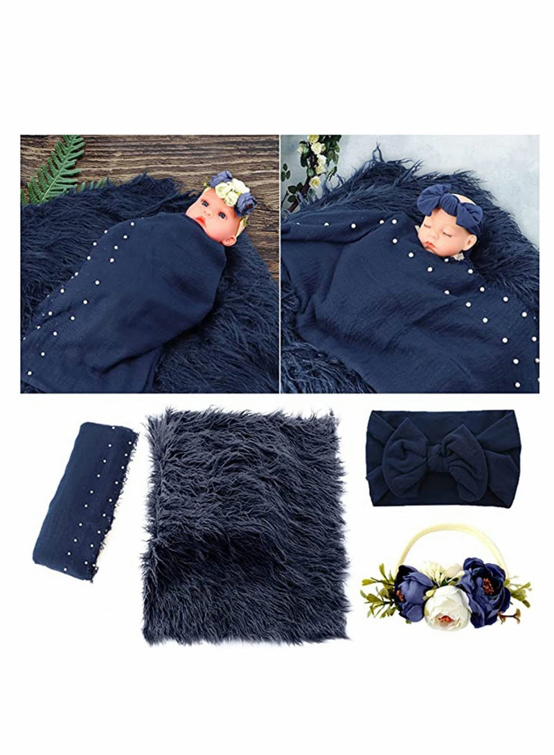 KASTWAVE Newborn Photography Props Outfits, 4 Pcs Baby Long Ripple Wrap and Toddler Swaddle Blankets Photography Mat, with Cute Headbands for Infant Boys Girls, Photo Studio Photo Props (Dark Blue) - Image 5