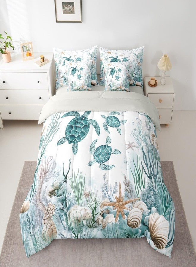 Erosebridal Blue Teal Ocean Bedding Sets Coastal Turtle Comforter Set 7 Piece Bed In A Bag Twin, Kids Boys Girls Teens,Sea Creature Animals Comforter And Sheets Underwater Starfish Seashell Beach Bed Set - Image 2