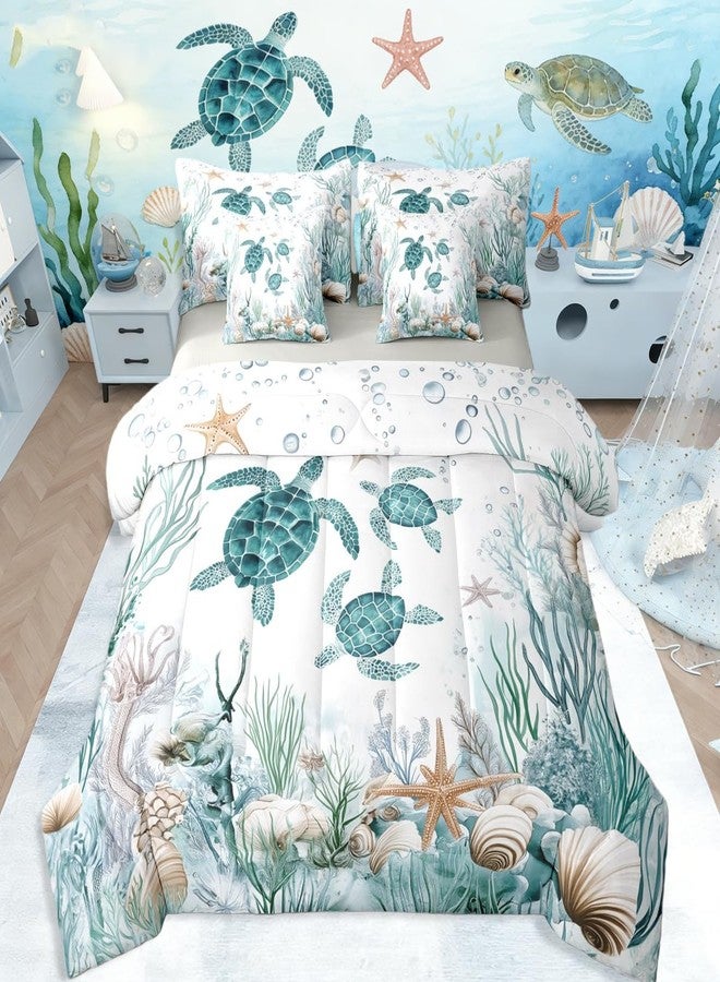Erosebridal Blue Teal Ocean Bedding Sets Coastal Turtle Comforter Set 7 Piece Bed In A Bag Twin, Kids Boys Girls Teens,Sea Creature Animals Comforter And Sheets Underwater Starfish Seashell Beach Bed Set - Image 1