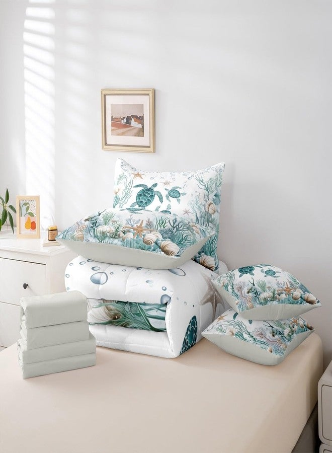 Erosebridal Blue Teal Ocean Bedding Sets Coastal Turtle Comforter Set 7 Piece Bed In A Bag Twin, Kids Boys Girls Teens,Sea Creature Animals Comforter And Sheets Underwater Starfish Seashell Beach Bed Set - Image 5