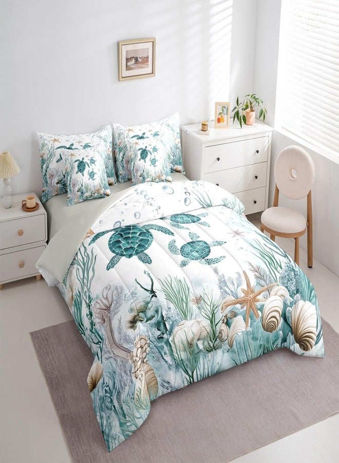 Erosebridal Blue Teal Ocean Bedding Sets Coastal Turtle Comforter Set 7 Piece Bed In A Bag Twin, Kids Boys Girls Teens,Sea Creature Animals Comforter And Sheets Underwater Starfish Seashell Beach Bed Set - Image 3