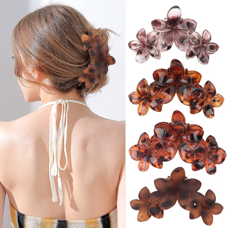 ANBALA 4Pcs Hair Claw Clips Flower Hair Clips French Jaw Clip Plumeria Flower Claw Clips for Women Girls (Leopard Print) - Image 1