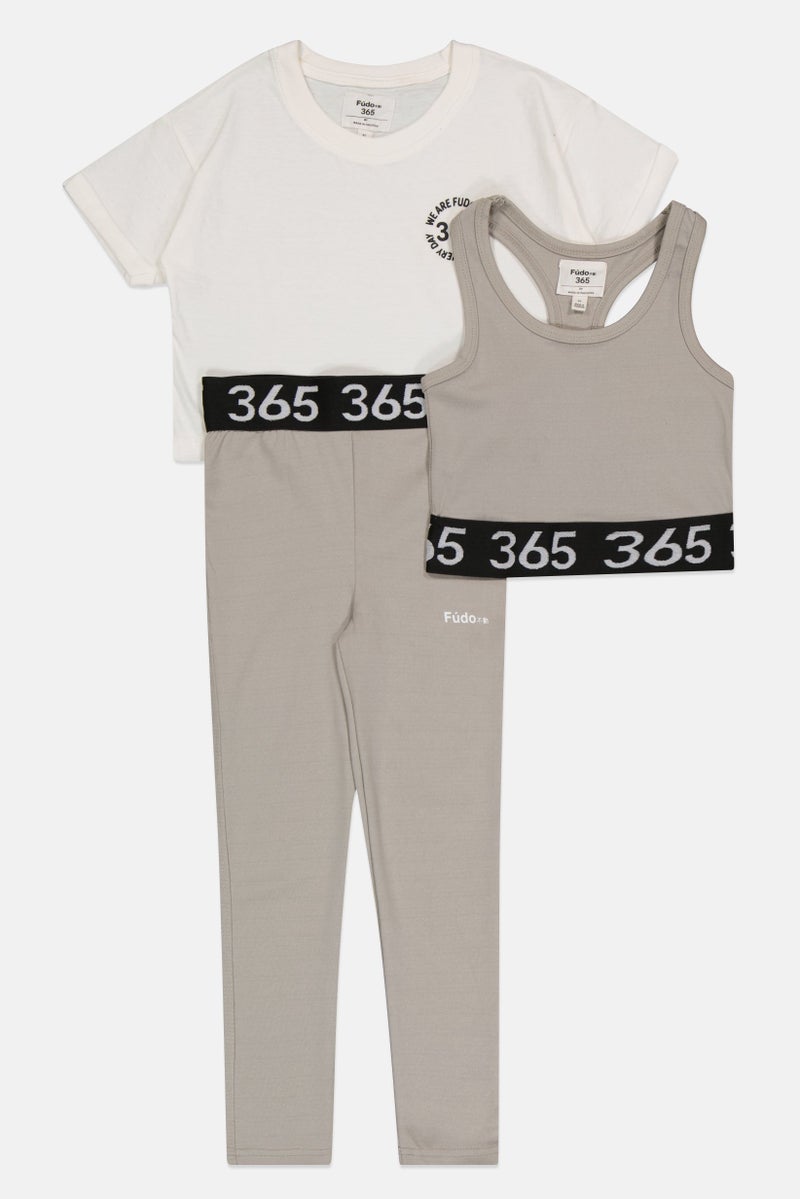 Fudo Kids Girl 3 Pcs Graphic Print Top With Bralette And Leggings Set, Multicolor - Image 3