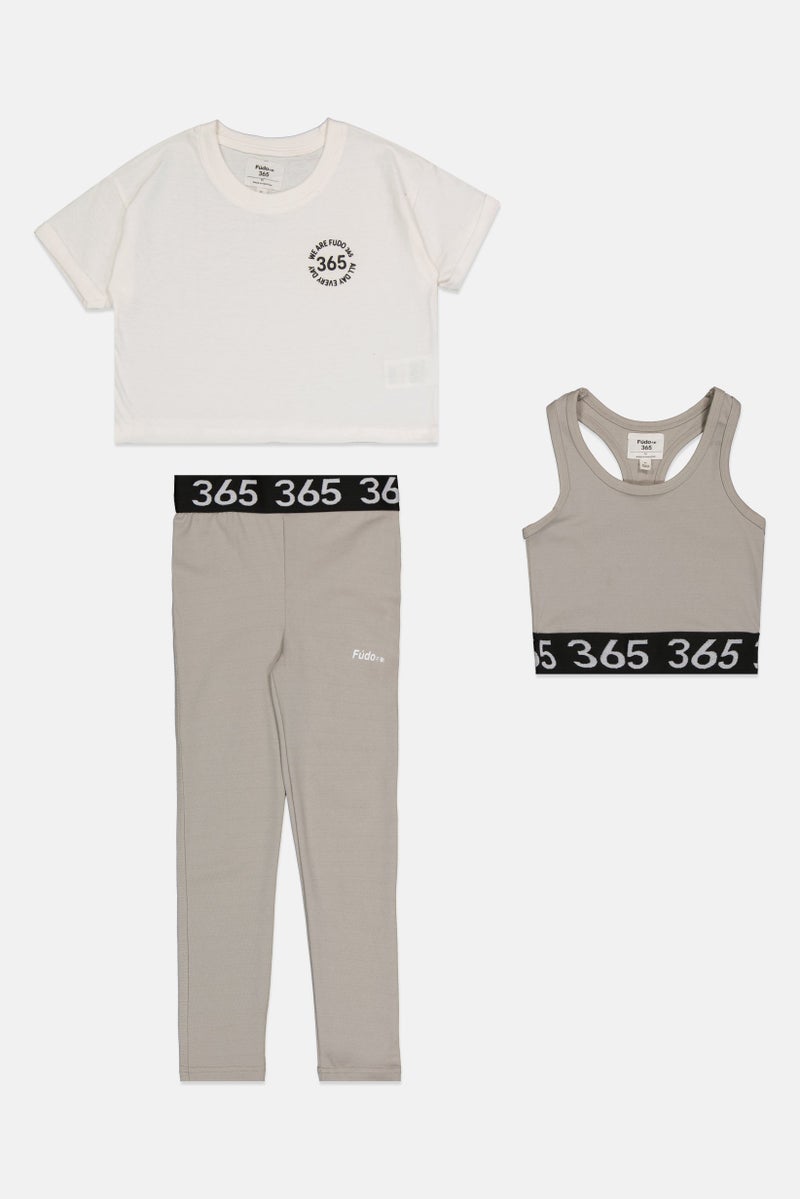 Fudo Kids Girl 3 Pcs Graphic Print Top With Bralette And Leggings Set, Multicolor - Image 1