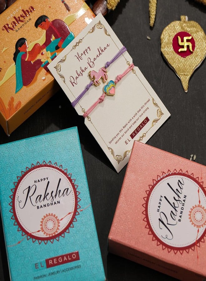 El Regalo 2PCs Cute Kids Bracelet Rakhi Combo Sets- Fancy Kids Rakhi for Brother/Sister with Roli Chwal, Rakhi Message Card in Rakhi Box for Babies/Toddlers/Kids (Unicorn & Heart Rakhi) - Image 2