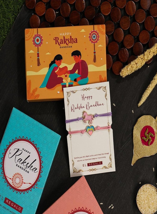 El Regalo 2PCs Cute Kids Bracelet Rakhi Combo Sets- Fancy Kids Rakhi for Brother/Sister with Roli Chwal, Rakhi Message Card in Rakhi Box for Babies/Toddlers/Kids (Unicorn & Heart Rakhi) - Image 3