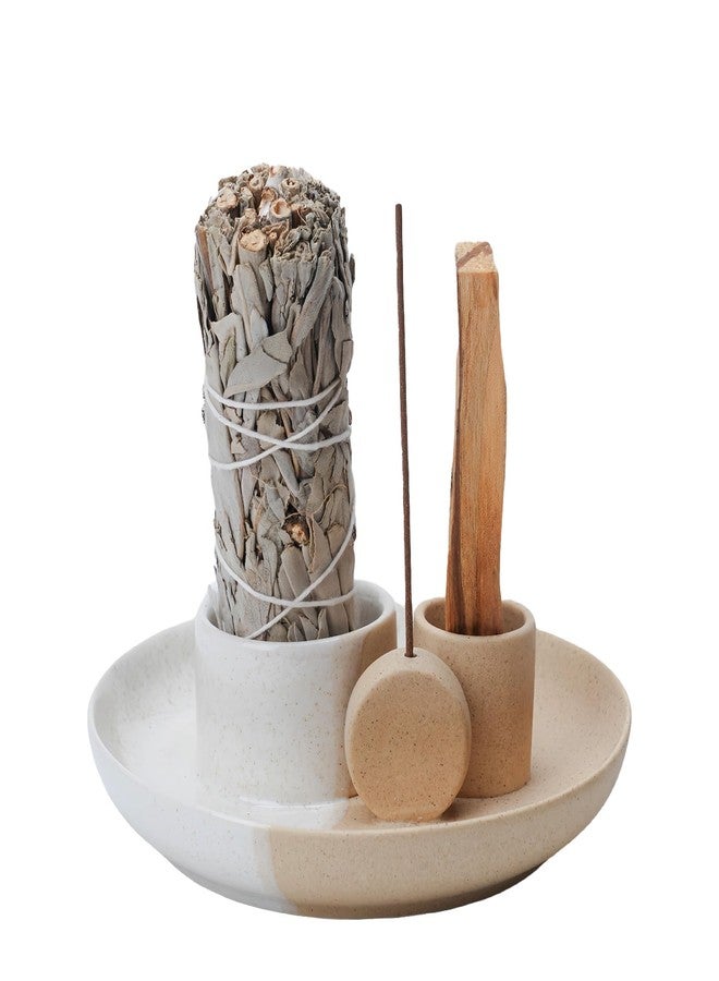 Fancy Lemon 4 in 1 Incense Holder, Ceramic Incense Stick and Palo Santo Holder,Sage Holder for Burning- 5.5" Ceramic Ash Catcher Tray for Meditation and Yoga Room (White Sand) - Image 1
