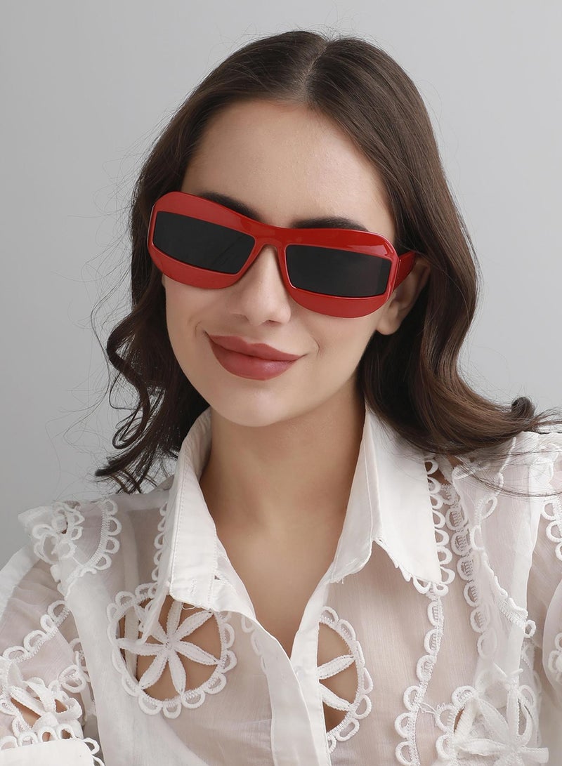 Haute Sauce Solid Rectangular Sunglasses - Red - Image 2