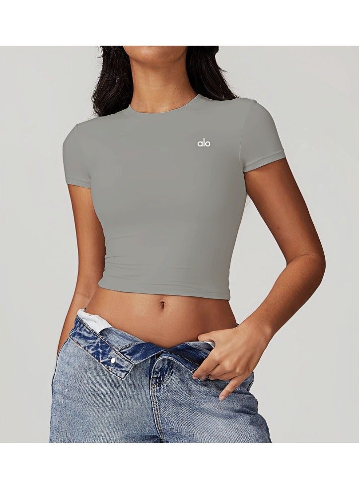 alo ALO Lady Sports Short Sleeve - Pilates Training Short Sleeves - Women's Yoga Wear - Quick Dry T-Shirts (Dark Gray)