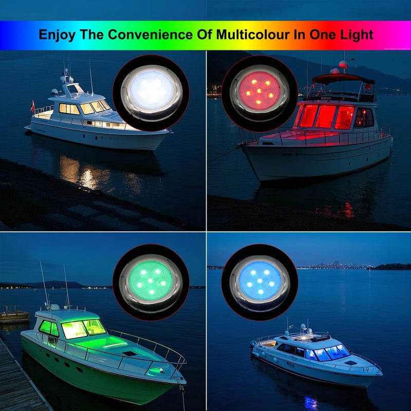 Vcanuplms Marine Boat Courtesy Lights, 3 Inch RGBW LED Cabin Light, IP67 Waterproof Stainless Steel Interior Exterior Deck Dome Lamp for Fishing Pontoon Bass Sailboat 12V (4 Pcs) - Image 5