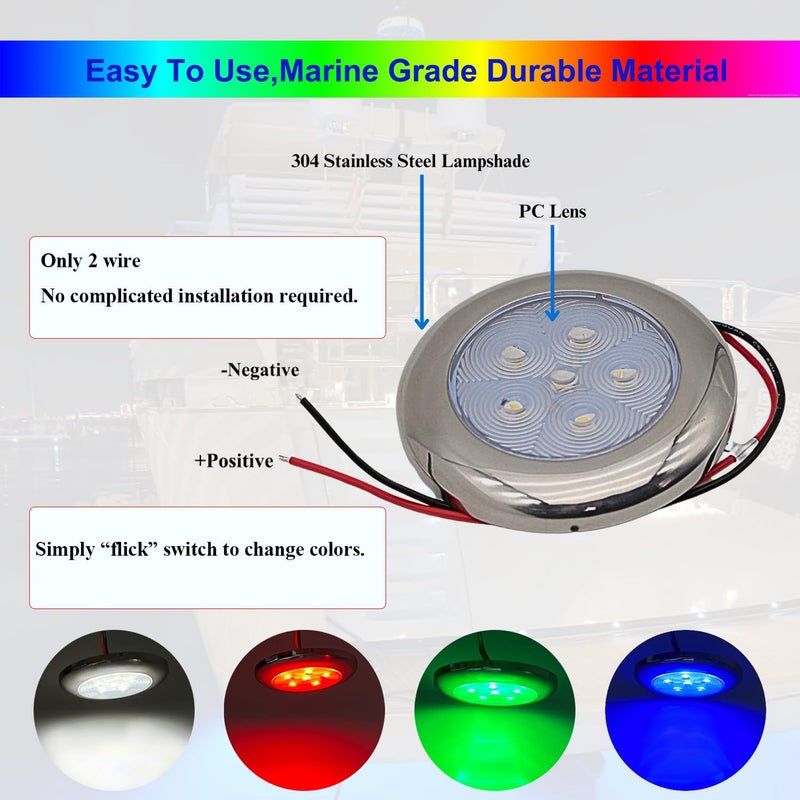 Vcanuplms Marine Boat Courtesy Lights, 3 Inch RGBW LED Cabin Light, IP67 Waterproof Stainless Steel Interior Exterior Deck Dome Lamp for Fishing Pontoon Bass Sailboat 12V (4 Pcs) - Image 3