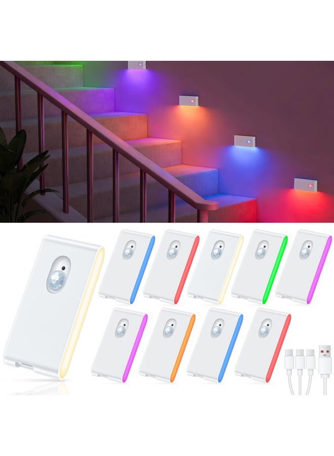 WILLED Pack of 10 Stair Lights with Motion Sensor & Touch Dimmer, LED Night Light with 2700 K Warm White and 6 RGB Colours, Motion Sensor Indoor for Stairs, Bedroom, Hallway, Kitchen, Bathroom - Image 1