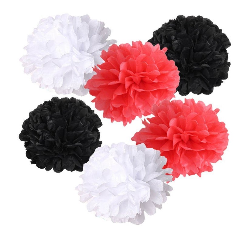 Theme My Party Red Black & White Pom Pom/Fluffy Decoration (Pack of 6) - Image 1