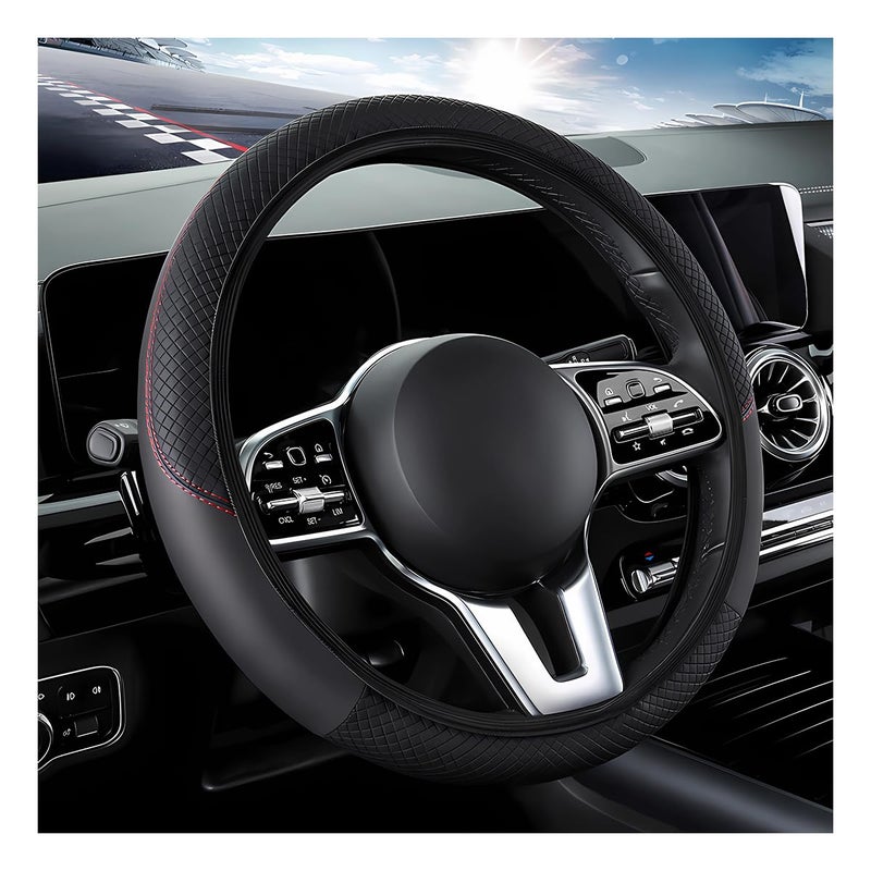 DXNQ Car Steering Wheel Cover, 15 Inch Carbon Fiber Leather Stitching Color Steering Wheel Protector, Anti-Slip Elastic Breathable Steering Wheel Cover Stylish Decor for Most Cars (Black, AD) - Image 1