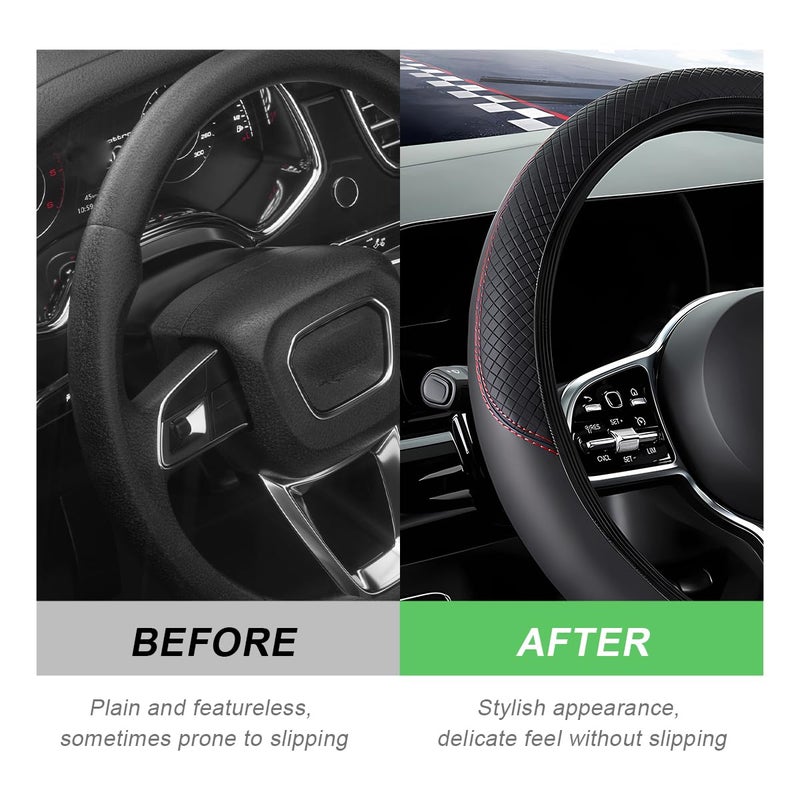 DXNQ Car Steering Wheel Cover, 15 Inch Carbon Fiber Leather Stitching Color Steering Wheel Protector, Anti-Slip Elastic Breathable Steering Wheel Cover Stylish Decor for Most Cars (Black, AD) - Image 4