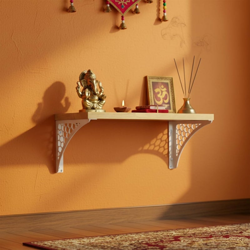 Spillbox Wooden Pooja Home Temple|White Metal Shelf |Wall Mountable|Easy Screw Assembly|Home Temple for Puja Room |Pooja Stand | Mandir-Hexagon (Small White) - Image 1