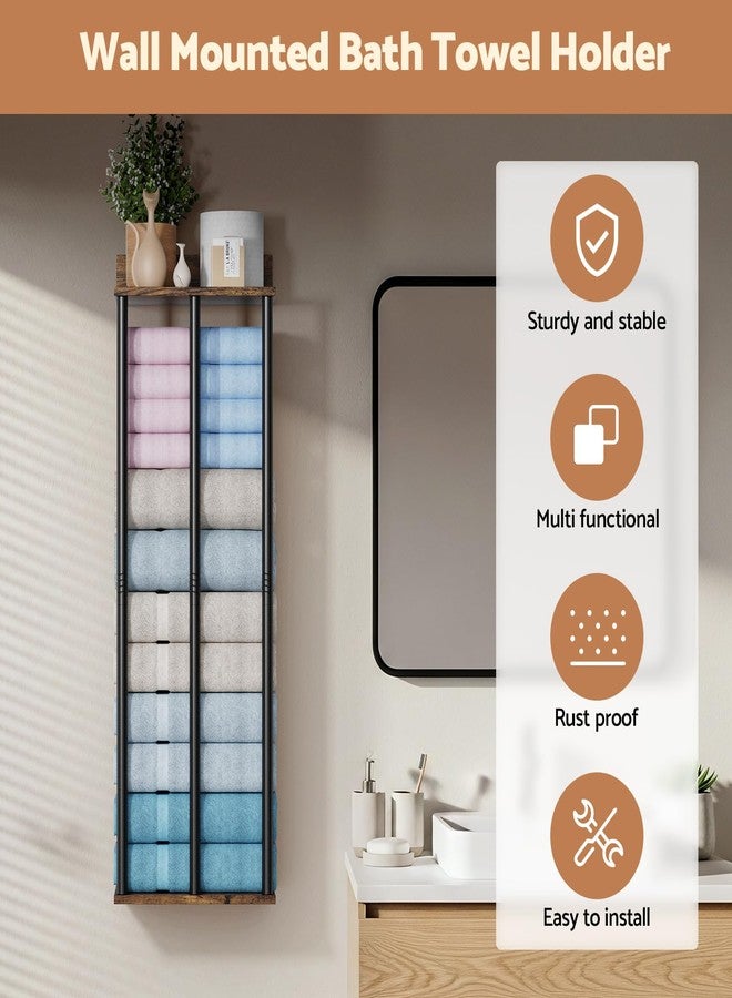 WHEARTED Towel Racks for Bathroom Wall Mounted, Upgraded Bathroom Towel Holder Bath Storage Rack for Rolled Towels, Small Towels, Rustic Towel Organizer Rack with Shelf - Image 2