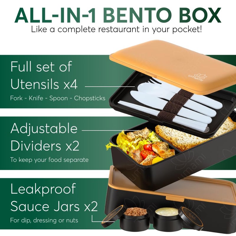 Umami Bento Box Adult All-in-1 w/ 4 Utensils, 100% Leakproof, Dishwasher & Microwave Safe Lunch Containers for Adults w/ 4 Compartments, Black & Gold, 40 oz - Image 4