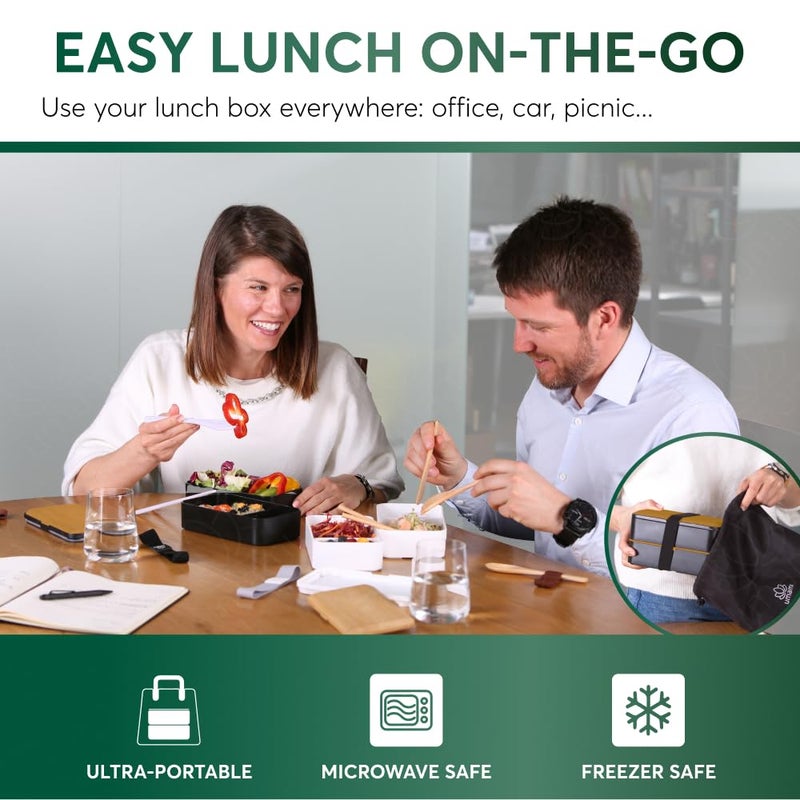 Umami Bento Box Adult All-in-1 w/ 4 Utensils, 100% Leakproof, Dishwasher & Microwave Safe Lunch Containers for Adults w/ 4 Compartments, Black & Gold, 40 oz - Image 3