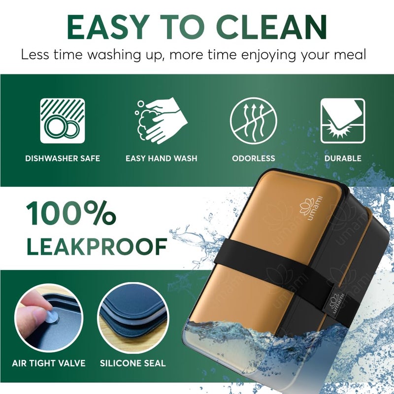 Umami Bento Box Adult All-in-1 w/ 4 Utensils, 100% Leakproof, Dishwasher & Microwave Safe Lunch Containers for Adults w/ 4 Compartments, Black & Gold, 40 oz - Image 5