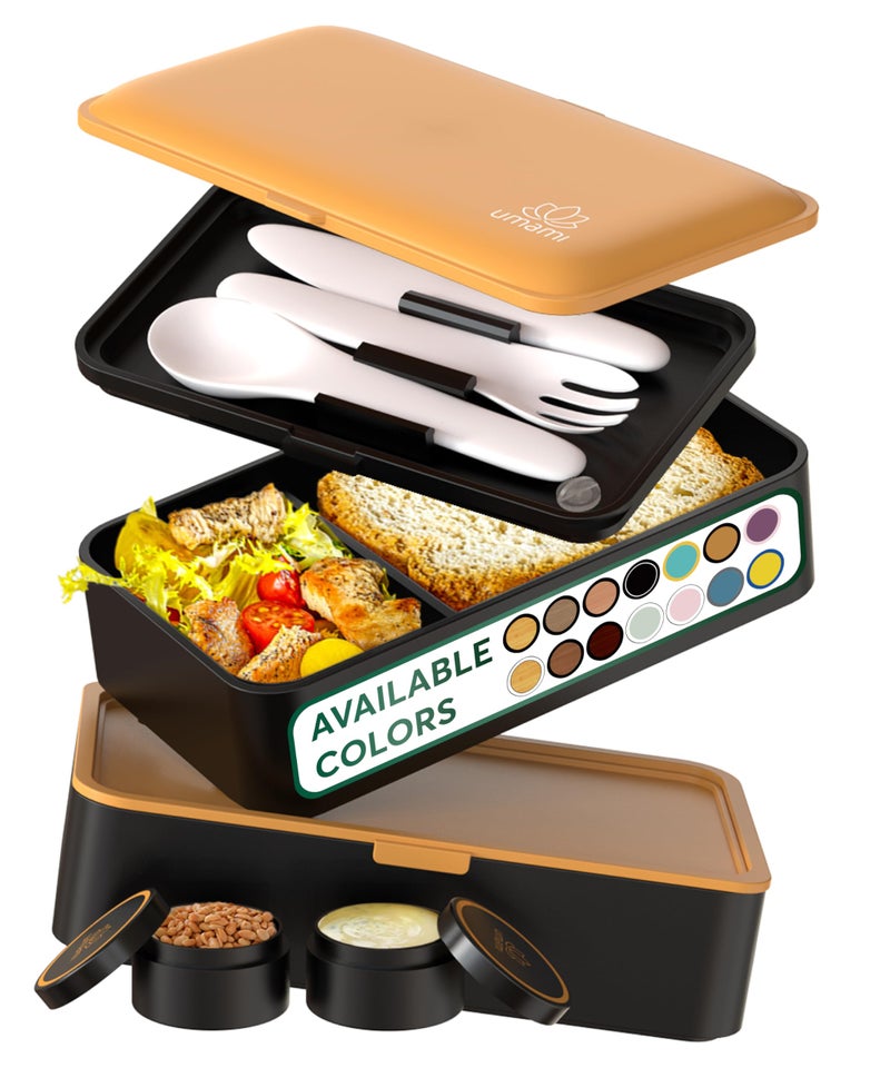 Umami Bento Box Adult All-in-1 w/ 4 Utensils, 100% Leakproof, Dishwasher & Microwave Safe Lunch Containers for Adults w/ 4 Compartments, Black & Gold, 40 oz - Image 1