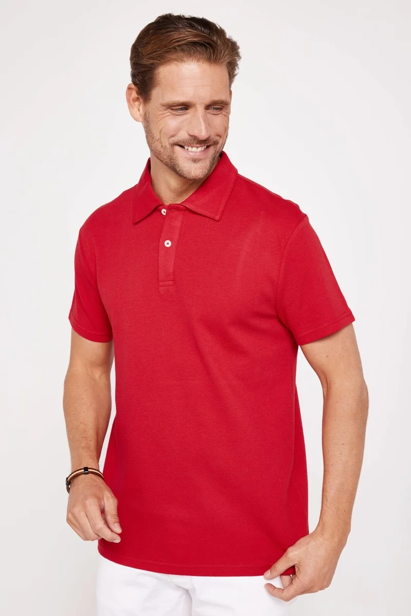 تودورس Men's Slim Fit Slim Cut 100% Cotton Patterned Claret Red Polo Neck T-Shirt