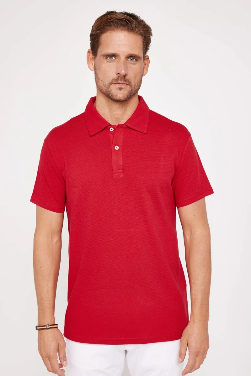 تودورس Men's Slim Fit Slim Cut 100% Cotton Patterned Claret Red Polo Neck T-Shirt